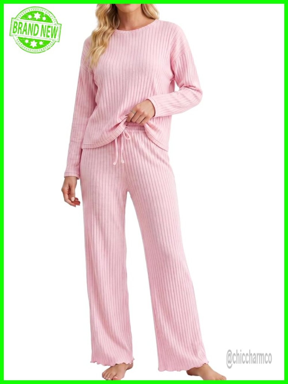 Women's Pajama Set Long Sleeve 2pc Ribbed Knit Loungewear Wide Leg Soft